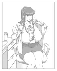 Rule 34 | 1girl, aged up, alternate breast size, breasts, chair, collared shirt, commentary request, desk, highres, huge breasts, id card, jacket, komi-san wa komyushou desu, komi shouko, lanyard, long hair, looking at viewer, office chair, office lady, open clothes, open jacket, pencil skirt, removing jacket, shirt, sidelocks, sitting, skirt, swivel chair, thick thighs, thighs, tomodaore niku udon, white background