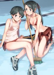 Rule 34 | 10s, 2girls, bad id, bad pixiv id, bikini, black hair, blue eyes, breasts, clothes around waist, empty pool, kantai collection, kneeling, long hair, makio (makiomeigenbot), mikuma (kancolle), mogami (kancolle), multiple girls, open mouth, pool, red bikini, reebok, reebok pump, see-through, shirt, shirt around waist, shoes, short hair, sitting, small breasts, smile, sneakers, swimsuit, twintails, wet, wet clothes, wet shirt