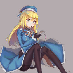 Rule 34 | 1girl, absurdres, ascot, atago (kancolle), beret, black gloves, black pantyhose, blonde hair, blue eyes, blue hat, blue skirt, blush, breasts, cellphone, crossed arms, food, frilled sleeves, frills, gloves, hair between eyes, hat, highres, holding, holding phone, kantai collection, kinto-kuwa, large breasts, long hair, looking at viewer, open mouth, pantyhose, phone, pocky, sitting, skirt, smartphone, wavy hair