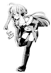 Rule 34 | 1girl, ahoge, amupon, boots, character name, fur-trimmed jacket, fur trim, glasses, greyscale, highres, jacket, long hair, monochrome, persona, persona 5, sakura futaba, smile, solo, standing, standing on one leg, thighhighs, white background