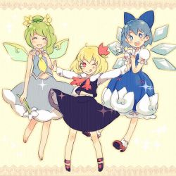 Rule 34 | 3girls, :d, :q, ^ ^, alternate costume, bad id, bad pixiv id, barefoot, blonde hair, cirno, closed eyes, daiyousei, dress, closed eyes, flower, hair flower, hair ornament, hand on own chest, multiple girls, no nose, one eye closed, open mouth, outstretched arms, reika (clovia studio), rumia, smile, sparkle, spread arms, tongue, tongue out, touhou, wings, yousei daisensou