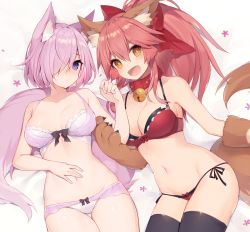 Rule 34 | 2girls, :d, alternate costume, animal ear fluff, animal ears, animal hands, bell, black legwear, blush, bow, bow bra, bow panties, bra, breasts, cleavage, collar, fang, fate (series), fox ears, fox tail, frilled bra, frills, gloves, hair bow, hair over one eye, kemonomimi mode, light purple hair, lingerie, mash kyrielight, medium breasts, multiple girls, muryotaro, neck bell, open mouth, panties, paw gloves, pink hair, ponytail, purple eyes, red bra, short hair, side-tie panties, smile, tail, tamamo (fate), tamamo cat (fate), thighhighs, underwear, yellow eyes