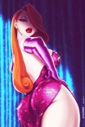 Rule 34 | 1girl, ass, breasts, dress, earrings, eddie holly, gloves, hair over one eye, hand on own hip, jessica rabbit, jewelry, large breasts, lipstick, looking back, makeup, orange hair, shiny clothes, who framed roger rabbit