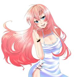 Rule 34 | 1girl, alternate costume, arm behind back, artist request, bare shoulders, blue eyes, blush, body blush, bracelet, breasts, cleavage, collarbone, contrapposto, dress, female focus, fingernails, hair between eyes, halterneck, head tilt, highres, hip focus, jewelry, long hair, looking at viewer, megurine luka, no panties, open mouth, pink hair, shadow, shiny skin, side slit, simple background, smile, solo, standing, vocaloid, white background, white dress