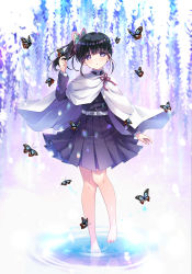 Rule 34 | 1girl, :o, arm up, bare legs, barefoot, belt, belt buckle, black hair, black jacket, blunt bangs, blush, buckle, bug, butterfly, butterfly hair ornament, butterfly on hand, buttons, cloak, closed mouth, commentary request, flower, full body, hair ornament, highres, ikegami akane, insect, jacket, katana, kimetsu no yaiba, knees, long hair, long sleeves, looking at viewer, pink flower, pleated skirt, purple eyes, red rope, reflection, ripples, rope, school uniform, shirt, side ponytail, sidelocks, skirt, solo, sword, tsuyuri kanao, water, weapon, white belt, white cloak, white shirt, wisteria