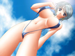 Rule 34 | 1girl, adjusting clothes, adjusting swimsuit, breasts, cameltoe, clothes pull, cloud, day, dutch angle, earrings, from below, huge breasts, jewelry, narukami kaname (flag quarters), navel, one-piece swimsuit pull, purple eyes, short hair, silver hair, sky, slingshot swimsuit, solo, swimsuit, thighs