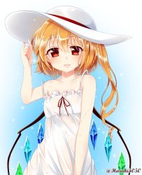 Rule 34 | 1girl, alternate costume, arm up, bad id, bad twitter id, bare arms, blonde hair, blush, cowboy shot, dress, flandre scarlet, gradient background, hair between eyes, hand on headwear, haruki (colorful macaron), hat, highres, long hair, looking at viewer, multicolored background, no panties, open mouth, red eyes, red ribbon, ribbon, see-through, side ponytail, solo, sparkle, touhou, twitter username, two-tone background, wet, wet clothes, wet dress, wet hair, white dress, white hat