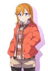 Rule 34 | 1girl, barkhorn0331, black pantyhose, blush, brown shirt, brown shorts, closed mouth, collared shirt, commentary request, fur-trimmed jacket, fur trim, hair between eyes, hands in pockets, highres, jacket, looking at viewer, love live!, love live! superstar!!, medium hair, orange hair, orange jacket, pantyhose, plaid, plaid shirt, purple eyes, shibuya kanon, shirt, shorts, solo, standing, upper body, white background