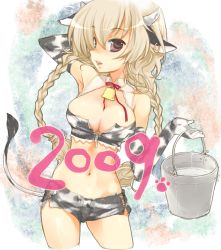 Rule 34 | 00s, 1girl, 2009, animal ears, animal print, armpits, bell, blonde hair, braid, breasts, bucket, cleavage, cow ears, cow girl, cow print, cow tail, earrings, elbow gloves, gloves, horns, jewelry, large breasts, long hair, midriff, milk, mofmof (sousa), navel, new year, original, purple eyes, solo, tail, twin braids, zipper