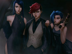 Rule 34 | 3girls, alternate costume, arcane: league of legends, arcane caitlyn, arcane jinx, arcane vi, artist name, asymmetrical bangs, bare shoulders, black dress, black gloves, black jacket, black necktie, black pants, black shirt, blue eyes, blue hair, caitlyn (league of legends), cheesewoo, chest tattoo, closed mouth, commentary, dress, dress shirt, ear piercing, earrings, elbow gloves, english commentary, evening gown, facial mark, feather boa, formal, gloves, grey eyes, grey vest, gun, hand on another&#039;s shoulder, handgun, hands in pockets, highres, holding, holding gun, holding weapon, jacket, jacket on shoulders, jewelry, jinx (league of legends), league of legends, lips, looking at another, looking at viewer, looking to the side, multiple girls, neck tattoo, necklace, necktie, nose piercing, nose ring, pants, piercing, pink hair, pistol, purple eyes, scar, scar on face, shirt, short hair, siblings, side slit, sisters, sleeveless, sleeveless dress, suit, tattoo, vest, vi (league of legends), weapon