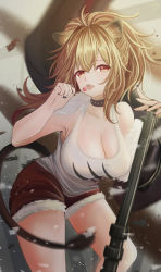 Rule 34 | 1girl, absurdres, animal ear fluff, animal ears, arknights, bare shoulders, black nails, blonde hair, breasts, candy, cleavage, commentary, cowboy shot, food, fur-trimmed shorts, fur trim, hands up, highres, holding, holding food, large breasts, lion ears, lion tail, lollipop, long hair, looking at viewer, nail polish, open mouth, planted, short shorts, shorts, siege (arknights), solo, standing, suki2000510, tail, tank top, thighs, tongue, tongue out, weapon, white tank top, yellow eyes