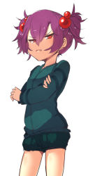 Rule 34 | 1girl, at2., blush, cave spider, closed mouth, crossed arms, fang, hair bobbles, hair ornament, long sleeves, looking at viewer, minecraft, personification, purple hair, red eyes, short hair, short twintails, solo, twintails