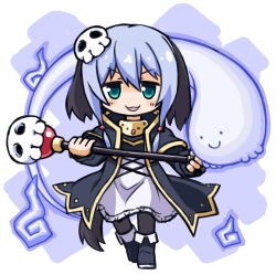 Rule 34 | 1girl, :3, :d, animal ears, aqua eyes, black robe, blue hair, c:, chibi, commentary, fujimi nemu, full body, ghost, hair between eyes, hair ornament, highres, hitodama, holding, holding staff, kugelschreiber, long sleeves, looking at viewer, necromancer, onii-chan wa oshimai!, open mouth, robe, short hair, simple background, skull, skull hair ornament, smile, solo, staff, tail, white background