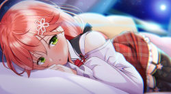 Rule 34 | 1girl, :o, ahoge, black thighhighs, blurry, blush, clothing cutout, depth of field, garter straps, green eyes, hair ornament, hairclip, hololive, long hair, long sleeves, looking at viewer, miniskirt, mizuno kurage, off shoulder, on bed, open mouth, pink hair, plaid, plaid skirt, red skirt, sakura miko, sakura miko (casual), shirt, shoulder cutout, skirt, solo, surprised, thighhighs, virtual youtuber, white shirt