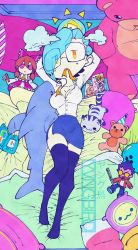 Rule 34 | 1girl, blue hair, cat, clown, dolphin, full body, fumo (doll), glasses, hair over eyes, hakurei reimu, hand in own hair, handheld game console, highres, lying, manga (object), nintendo 3ds, no shoes, office lady, on bed, one eye covered, orange eyes, original, pillow, shirt, solo, stuffed animal, stuffed toy, sun, teddy bear, thighhighs, travis touchdown, white shirt, yellow eyes, yungbird