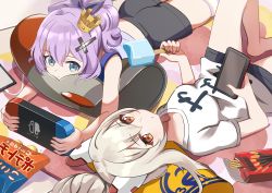 Rule 34 | 2girls, ayanami (azur lane), azur lane, bad id, bad pixiv id, black shorts, cellphone, chips (food), commentary request, controller, crown, dual wielding, food, from above, game controller, green eyes, hair between eyes, hair ornament, hairclip, headgear, highres, holding, holding controller, holding game controller, holding phone, javelin (azur lane), knee up, long hair, looking at viewer, looking up, lying, manjirou (manji illust), mini crown, multiple girls, nintendo switch, official alternate costume, on back, on stomach, orange eyes, package, phone, pillow, pocky, ponytail, popsicle, potato chips, purple hair, short sleeves, shorts, sidelocks, silver hair, smartphone, snack, striped clothes, striped legwear, striped thighhighs, thighhighs, translation request