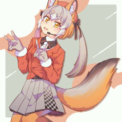 Rule 34 | 1girl, animal costume, animal ears, fox ears, fox girl, fox tail, gloves, hauru 252, highres, island fox (kemono friends), kemono friends, kemono friends v project, long hair, looking at viewer, multicolored hair, necktie, open mouth, ribbon, shirt, simple background, skirt, smile, solo, tail, virtual youtuber