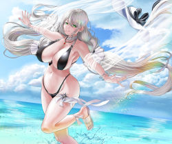Rule 34 | 1girl, aquila (azur lane), aquila (a sip of sardegnian elegance) (azur lane), azur lane, bare shoulders, bikini, black bikini, blue sky, breasts, cleavage, cloud, detached collar, dorian oishiiyo, green eyes, hat, highleg, highleg bikini, jewelry, large breasts, leg up, long hair, necklace, official alternate costume, outdoors, outstretched arms, partially submerged, silver hair, sky, slippers, smile, sun hat, swimsuit, thigh strap, toes, very long hair, water, white headwear