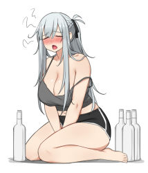 Rule 34 | 1girl, absurdres, ak-12 (girls&#039; frontline), barefoot, black shorts, blush, bottle, braid, breasts, camisole, cleavage, closed eyes, drunk, girls&#039; frontline, hair between eyes, highres, large breasts, long hair, midriff, navel, open mouth, samyukgoo369, short shorts, shorts, silver hair, simple background, sitting, solo, white background