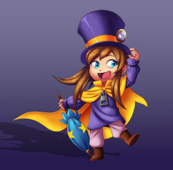 Rule 34 | 1girl, a hat in time, blue eyes, boots, brown hair, cape, hat, hat kid, highres, long hair, ponytail, smile, top hat, umbrella