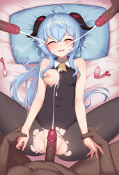 Rule 34 | 1girl, 3boys, absurdres, after vaginal, aftersex, ahoge, alternate hairstyle, bare shoulders, bed sheet, bell, black bodysuit, blue hair, blush, bodysuit, breasts, censored, closed eyes, clothed female nude male, condom, covered navel, crossed bangs, cum, cum on body, cum on breasts, cum on clothes, cum on hair, cum on upper body, dark-skinned male, dark skin, facial, ganyu (genshin impact), genshin impact, goat horns, hair between eyes, hetero, highres, horns, long hair, lying, medium breasts, mosaic censoring, multiple boys, multiple penises, neck bell, nipples, nude, on back, on bed, open mouth, penis, pillow, pink ribbon, pussy, ribbon, sex, sidelocks, sitting, solo focus, topu, torn clothes, used condom