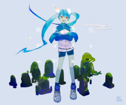 Rule 34 | 1girl, alternate eye color, blue hair, character request, copyright request, fang, full body, grey background, hatsune miku, kukka, legs apart, long hair, looking at viewer, original, red eyes, smile, solo, song name, standing, teeth, tombstone, translated, twintails, vocaloid