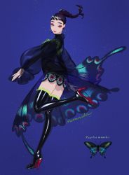 Rule 34 | aburage (motimotigg20), black hair, black thighhighs, blue background, boots, braid, braided ponytail, bug, butterfly, earrings, full body, highres, insect, jewelry, long hair, long sleeves, original, personification, puffy long sleeves, puffy sleeves, see-through, see-through sleeves, signature, simple background, solo, standing, swallowtail butterfly, thigh boots, thighhighs