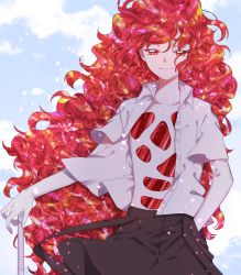 Rule 34 | androgynous, cloud, gender request, hand in pocket, houseki no kuni, long hair, looking at viewer, open clothes, open shirt, padparadscha (houseki no kuni), red eyes, red hair, shirt, smile, solo, tische, white shirt, wind