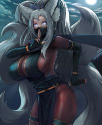 Rule 34 | 1girl, absurdres, animal ear fluff, animal ears, asagiri (coc2), big hair, black gloves, bodystocking, breasts, corruption of champions, corruption of champions 2, cowboy shot, ehrrr, elbow gloves, finger to mouth, fingerless gloves, fox ears, fox tail, full moon, gloves, grey hair, hand up, highres, holding, holding sword, holding weapon, huge breasts, katana, looking at viewer, mask, moon, mouth mask, multiple tails, night, ninja, ninja mask, outdoors, pelvic curtain, ponytail, purple eyes, shushing, slit pupils, solo, sword, tail, thigh strap, weapon