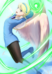 Rule 34 | 1girl, absurdres, angel wings, blonde hair, blue eyes, blue footwear, boots, breasts, breath of fire, breath of fire iv, dress, feathered wings, hairband, highres, knee boots, looking at viewer, magic, nina (breath of fire iv), open mouth, pantyhose, short hair, skirt, small breasts, smile, solo, very short hair, white wings, wings, witch f