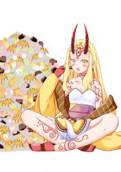 Rule 34 | 1girl, bare shoulders, blonde hair, candy, claws, cleampaan, eating, fate/grand order, fate (series), female focus, food, horns, ibaraki douji (fate), japanese clothes, kimono, legs, long hair, monster girl, off shoulder, oni, oni horns, short kimono, sitting, solo, tattoo, wide sleeves, yellow eyes, yellow kimono