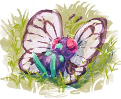 Rule 34 | bug, butterfly, butterfree, commentary, creature, creatures (company), english commentary, fangs, full body, game freak, gen 1 pokemon, grass, hushcoil, bug, lying, nintendo, no humans, on back, pokemon, pokemon (creature), purple eyes, solo