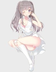 Rule 34 | 1girl, bandages, bandaid, bandaid on arm, bandaid on knee, bandaid on leg, bra, brown hair, collarbone, day, dress, full body, grey background, hand in own hair, idolmaster, idolmaster shiny colors, kneehighs, long hair, mary janes, nryk28, one eye closed, open mouth, outdoors, panties, pink bra, pink panties, polka dot, polka dot bra, polka dot panties, purple eyes, shoes, short dress, simple background, sleeveless, sleeveless dress, socks, solo, standing, torn clothes, torn dress, twintails, underwear, white dress, white footwear, white polka dots, white socks, yukoku kiriko
