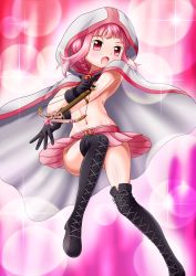 Rule 34 | 1girl, belt, black gloves, black thighhighs, blush, boots, bottomless, bow (weapon), braid, cloak, commentary request, convenient arm, convenient leg, cross-laced footwear, crossbow, full body, gloves, groin, highres, hood, hooded cloak, knee up, looking at viewer, magia record: mahou shoujo madoka magica gaiden, mahou shoujo madoka magica, navel, no panties, open mouth, ossannoa, pink belt, pink eyes, pink hair, pink skirt, skirt, solo, soul gem, tamaki iroha, thigh boots, thighhighs, topless, upskirt, weapon, white cloak