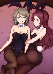 Rule 34 | 2girls, animal ears, aqua eyes, artist name, artist request, bare shoulders, bed, black leotard, blue bow, blue eyes, blush, bow, breasts, brown eyes, brown hair, cleavage, collarbone, fake animal ears, female focus, floating hair, grey hair, hair between eyes, half updo, hand on another&#039;s arm, highres, leotard, light brown hair, long hair, looking at viewer, love live!, love live! sunshine!!, medium breasts, multiple girls, on bed, pantyhose, parted lips, playboy bunny, rabbit ears, red bow, red hair, sakurauchi riko, short hair, smile, watanabe you, wing collar, yellow eyes