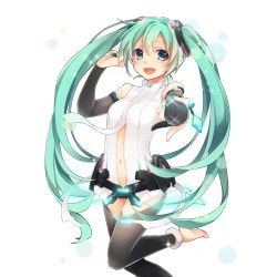 Rule 34 | 1girl, :d, barefoot, bridal gauntlets, center opening, elbow gloves, feet, foreshortening, gloves, green eyes, green hair, hatsune miku, hatsune miku (append), highres, kuroi (liar-player), leg lift, leotard, long hair, matching hair/eyes, microphone, navel, necktie, official art, open mouth, outstretched arm, smile, solo, thighhighs, transparent background, twintails, uchi no hime-sama ga ichiban kawaii, very long hair, vocaloid, vocaloid append, zettai ryouiki