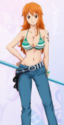 Rule 34 | 1girl, bangle, bikini, bikini top only, bracelet, breasts, character name, cleavage, contrapposto, denim, earrings, female focus, fukuro ooji, hand on own hip, highres, holster, jeans, jewelry, large breasts, log pose, looking at viewer, midriff, nami (one piece), navel, one piece, orange hair, pants, sabaody archipelago, shiny skin, smile, solo, staff, standing, strap gap, swimsuit, tattoo, zoom layer