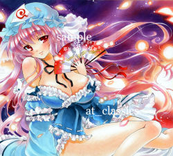 Rule 34 | 1girl, alternate hairstyle, at classics, breasts, cleavage, hand fan, female focus, folding fan, ghost, hat, hitodama, japanese clothes, long hair, marker (medium), open clothes, petals, pink eyes, pink hair, saigyouji yuyuko, sample watermark, short hair, sitting, smile, solo, touhou, traditional media, triangular headpiece, watermark