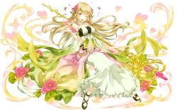 Rule 34 | 1girl, blonde hair, blush, dress, floating hair, flower, full body, hair flower, hair ornament, heart, highres, holding, holding staff, long hair, looking at viewer, magi memo, navel, official art, one eye closed, petals, red eyes, simple background, solo, staff, white background