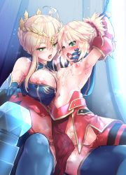 Rule 34 | 2girls, arms up, artoria pendragon (fate), artoria pendragon (lancer) (fate), bare shoulders, bdsm, blonde hair, blue gloves, blush, braid, breasts, chain, chained, commentary request, crown, cum, cum in mouth, cum on body, cum on breasts, cum on lower body, cum on tongue, cum on upper body, detached sleeves, fate (series), futanari, gloves, green eyes, hair ornament, hair scrunchie, heart, heart-shaped pupils, heattech leotard, highres, incest, large breasts, looking at viewer, mordred (fate), mordred (fate/apocrypha), mother and daughter, mozu (peth), multiple girls, navel, nipples, no panties, open mouth, perky breasts, ponytail, puffy nipples, red scrunchie, red sleeves, scrunchie, short hair, small breasts, symbol-shaped pupils, tongue, tongue out, turtleneck