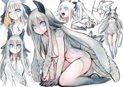 Rule 34 | 1girl, absurdres, all fours, animal ears, barefoot, blue eyes, blush, bright pupils, closed mouth, colored skin, extra teeth, gradient skin, grey hair, grey skin, highres, horns, komota (kanyou shoujo), long hair, looking at viewer, monster girl, multiple views, one eye closed, open mouth, original, parted lips, petting, sea slug, sea slug girl, sharp teeth, shirt, solo focus, spiked horns, tail, teeth, tentacle hair, white pupils, white shirt