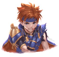 Rule 34 | 1boy, armor, aztodio, blood, blue eyes, cape, fire emblem, fire emblem: the binding blade, fire emblem heroes, gloves, headband, highres, looking at viewer, male focus, nintendo, red hair, roy (fire emblem), short hair, simple background, smile, solo, torn clothes, white background