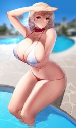 Rule 34 | 1girl, azur lane, bikini, blonde hair, braid, breast hold, breasts, cleavage, crown braid, day, earrings, french braid, halterneck, highres, jewelry, large breasts, looking at viewer, nail polish, navel, official alternate costume, outdoors, pool, poolside, prince of wales (azur lane), prince of wales (sun shining upon windsor) (azur lane), red eyes, shading eyes, sitting, solo, swimsuit, tachibana-san, wading, water