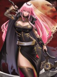 Rule 34 | 1girl, artist logo, black cape, black dress, black nails, black tiara, blush, bow choker, breasts, cape, cleavage, cleavage cutout, clothing cutout, contrapposto, cowboy shot, crown, detached sleeves, dress, earrings, gloves, highres, holding, holding scythe, holding weapon, hololive, hololive english, jewelry, large breasts, lazyartist (lazyartistph), long hair, long sleeves, looking at viewer, medium breasts, moon, moonlight, mori calliope, mori calliope (1st costume), nail polish, night, night sky, pink eyes, pink hair, polearm, red eyes, red sky, scythe, see-through, see-through sleeves, shoulder spikes, side slit, single detached sleeve, single thighhigh, sky, smile, solo, spiked cape, spikes, standing, thighhighs, thighs, tiara, veil, very long hair, virtual youtuber, weapon