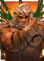 Rule 34 | 1boy, absurdres, ahoge, animal ears, bara, beard, belly, blood, blood from mouth, blue eyes, facial hair, furry, furry male, highres, hombre tigre (housamo), large pectorals, male focus, muscular, muscular male, no nipples, nosebleed, nude, pectorals, plump, saikorodekimeru, short hair, slime (substance), solo, stomach, thick eyebrows, tiger boy, tiger ears, tokyo houkago summoners, upper body, white hair, wiping blood