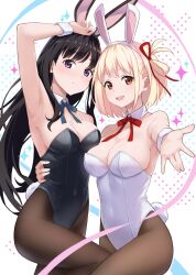 Rule 34 | .com (bot com1), 2girls, animal ears, bare shoulders, black hair, black leotard, blonde hair, bow, bowtie, breasts, brown pantyhose, cleavage, commentary request, detached collar, fake animal ears, fake tail, highres, inoue takina, large breasts, leotard, long hair, looking at viewer, lycoris recoil, multiple girls, nishikigi chisato, pantyhose, playboy bunny, rabbit ears, rabbit tail, short hair, smile, strapless, strapless leotard, tail, wrist cuffs