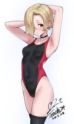 Rule 34 | 1girl, armpits, black choker, blonde hair, blush, breasts, brown eyes, choker, collarbone, competition swimsuit, ear piercing, earrings, groin, hair over one eye, highres, idolmaster, idolmaster cinderella girls, jewelry, looking at viewer, one-piece swimsuit, open mouth, piercing, shirasaka koume, short hair, simple background, small breasts, solo, swimsuit, thighhighs, thighs, yoo tenchi