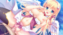 Rule 34 | 1boy, 1girl, angel, bare shoulders, blonde hair, blood, blue eyes, blush, breasts, breasts out, censored, cum, cum in pussy, defloration, erection, escude, fall in love x 4 tune, game cg, hair ornament, hair ribbon, hetero, highres, karen uruputasu, long hair, mikeou, mosaic censoring, navel, nipples, open mouth, panties, penis, ribbon, sex, spread legs, underwear, wings