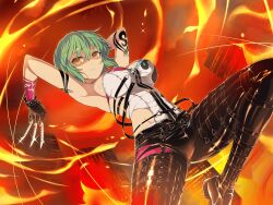 Rule 34 | 1girl, arm tattoo, armpits, arms up, belt, between fingers, black gloves, breasts, cityscape, cleavage, closed mouth, covered navel, fighting stance, fire, gloves, green hair, highres, hikage (senran kagura), holding, holding knife, jumping, knife, knives between fingers, large breasts, leather, leather pants, medium hair, multiple belts, official art, pants, senran kagura, senran kagura new link, tattoo, throwing knife, weapon, yellow eyes