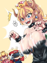 Rule 34 | !, !!, 1boy, 2girls, areola slip, black dress, black nails, blonde hair, blue eyes, blush, bouncing breasts, bowsette, breasts, cabbie hat, cleavage, crown, dress, earrings, facial hair, fangs, fingernails, gloves, half-closed eyes, hat, highres, jewelry, koopa, large breasts, long hair, mario, mario (series), motion lines, multiple girls, mustache, nail polish, new super mario bros. u deluxe, nintendo, nipple slip, nipples, open mouth, pervert, phone, pointy ears, ponytail, princess peach, rayno, shaded face, sharp fingernails, sharp teeth, sleeveless, sleeveless dress, smile, strapless, strapless dress, super crown, surprised, sweat, taking picture, teeth, thought bubble, wardrobe malfunction